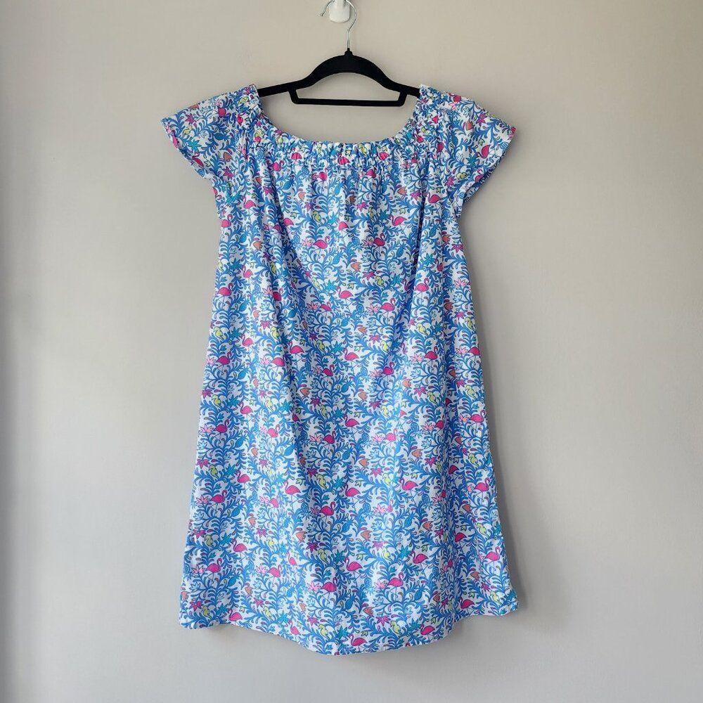 Women's VINEYARD VINES Blue Floral Flamingo Tropical Off Shoulder Dress Sz XS